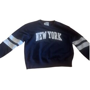New York Popular Navy Blue Crewneck Sweatshirt White Stripes Mens Large